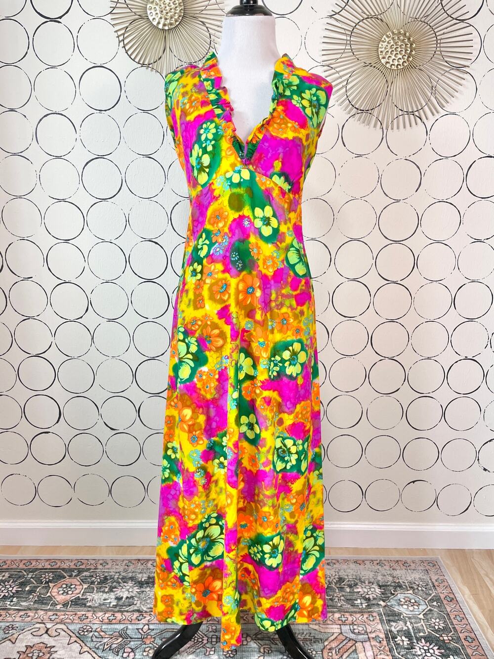VTG Liberty House Hawaiian Floral Maxi Dress S Colorful Retro 60s 70s Unique